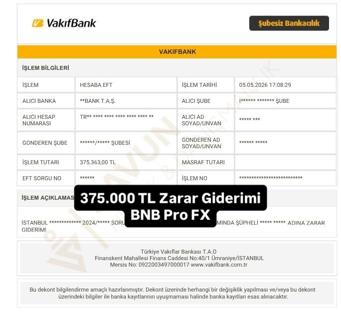 Bnb pro trade fxten kaybı olan müvekkilimizin ana para zararı giderilmiştir.
